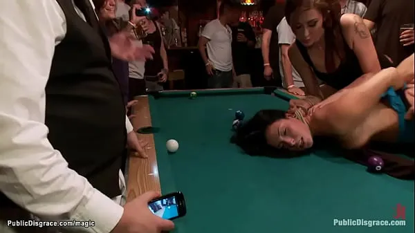 Bent over pool table dirty legs brunette slave Aria Aspen gets pussy rough fucked by big cock Mr Pete in public bar in front of crowd Video sejuk panas